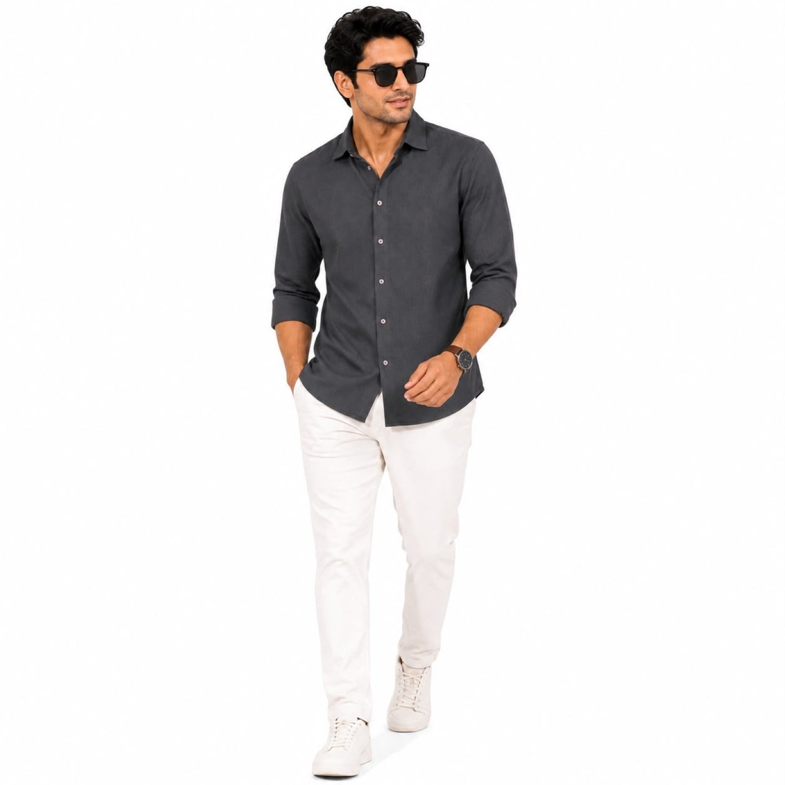 Men's Solid Grey Casual Full Sleeve Shirt