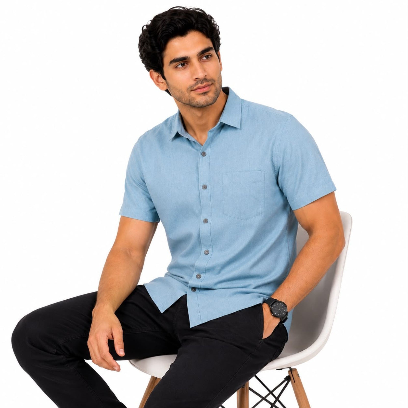 Men's Sky Blue Casual Half Sleeve Shirt