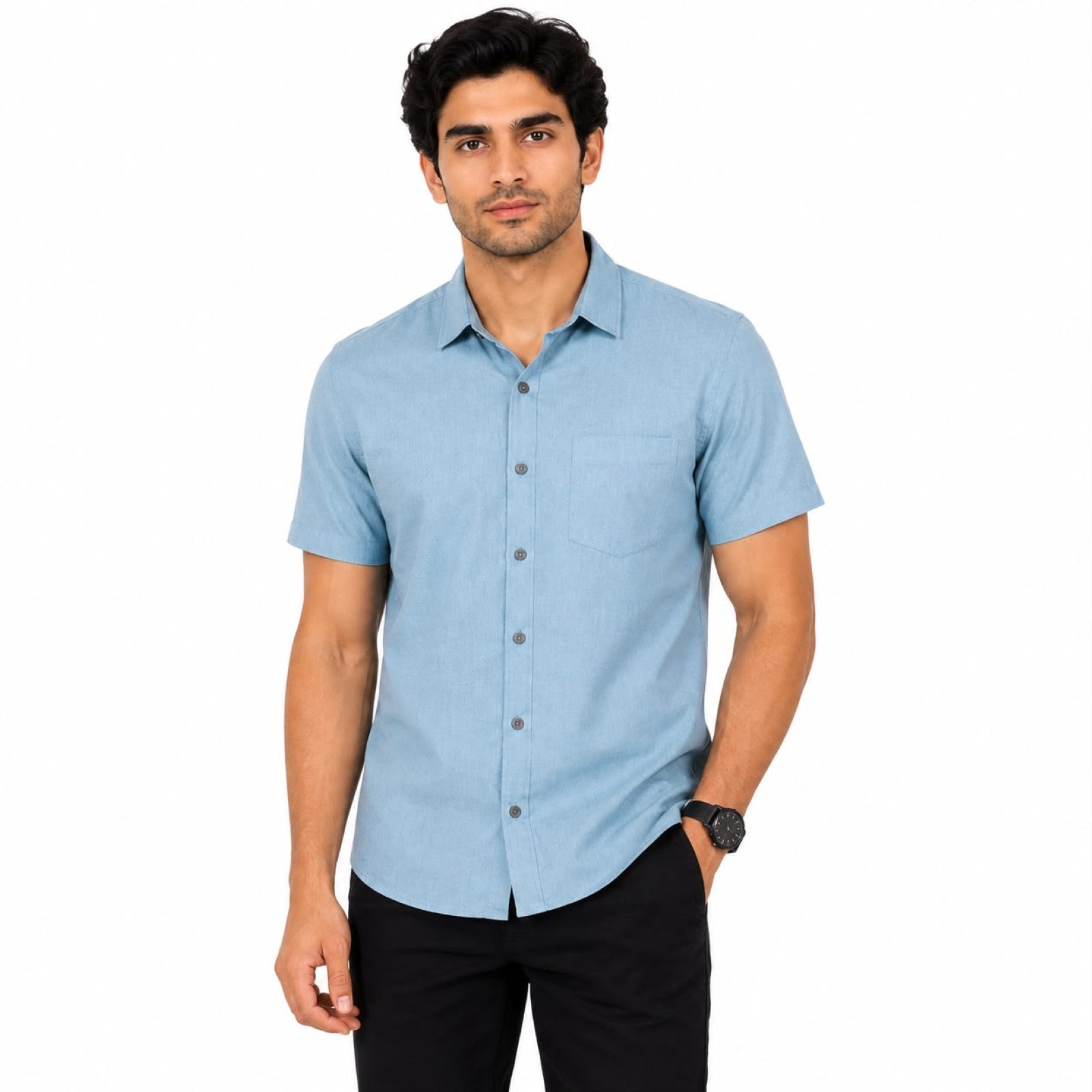 Men's Sky Blue Casual Half Sleeve Shirt