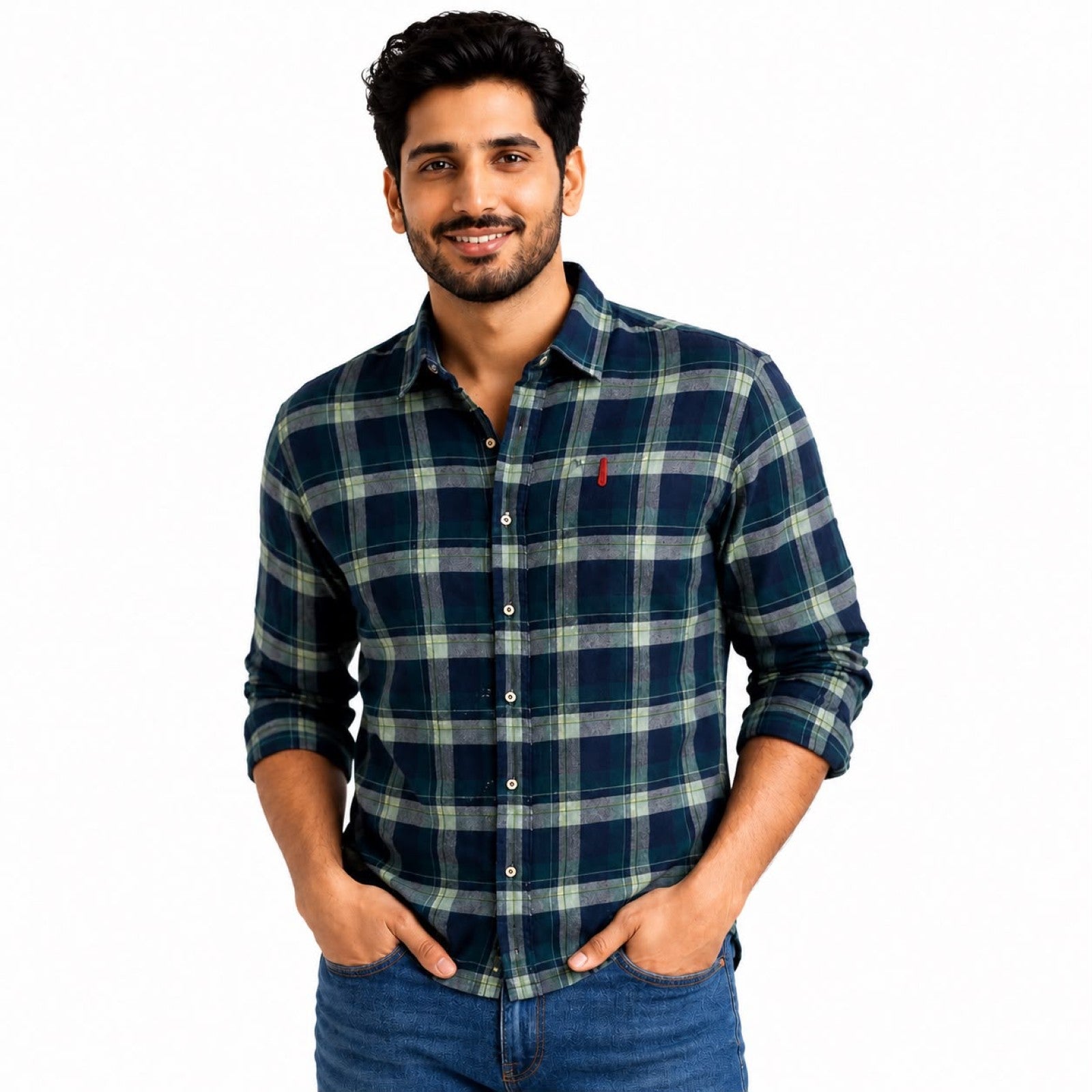Men's Maroon and Teal Peacock Plaid Checkered Smart-Casual Shirt