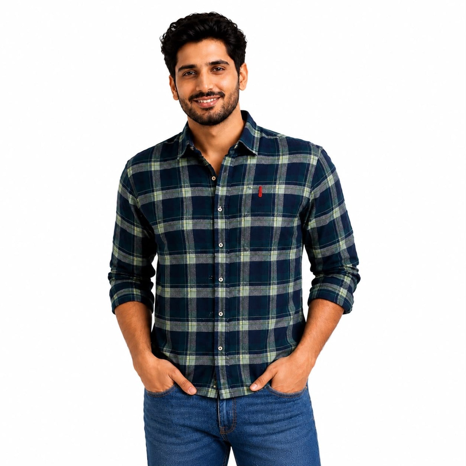 Men's Maroon and Teal Peacock Plaid Checkered Smart-Casual Shirt