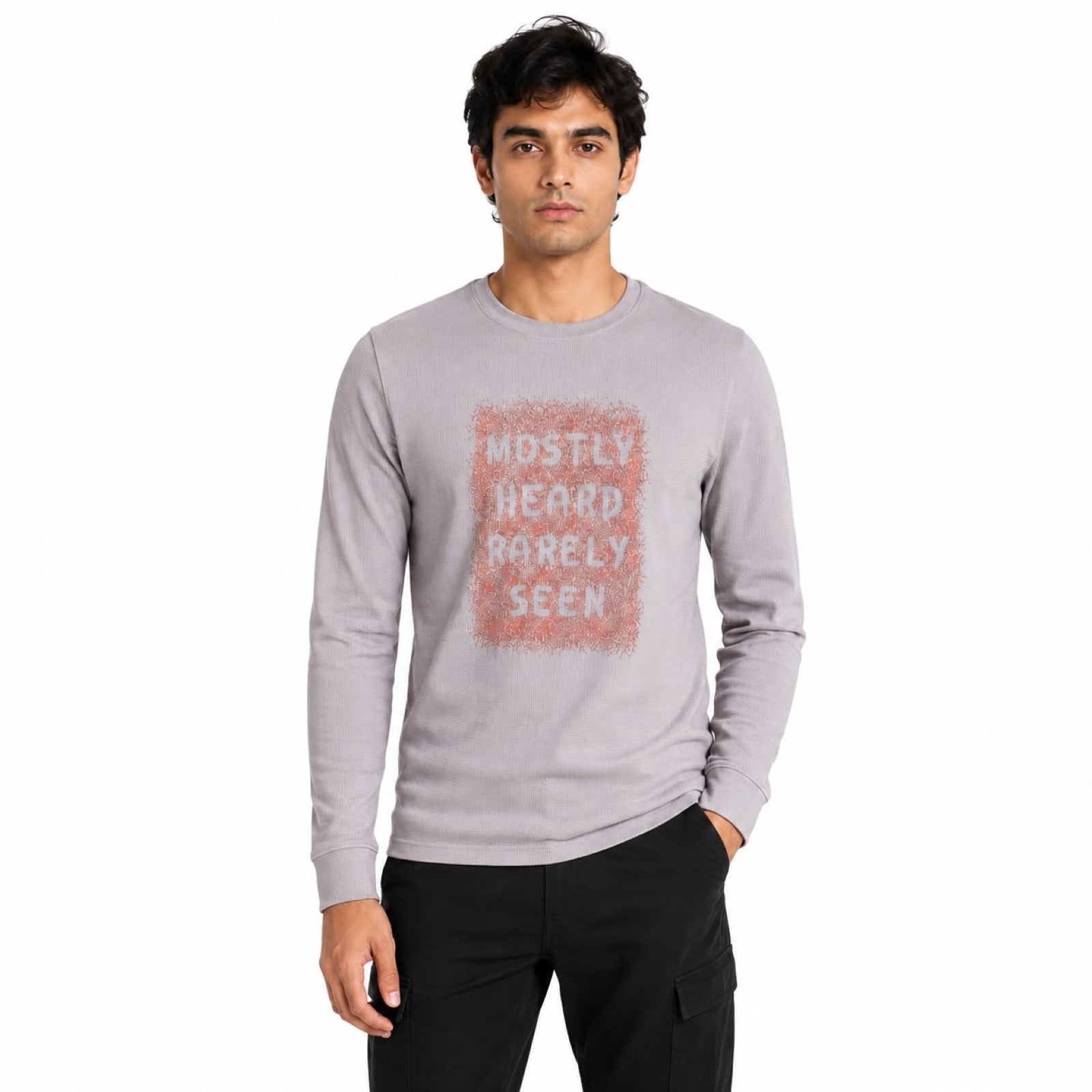 Men's Peach Typography Printed Full Sleeve T-Shirt
