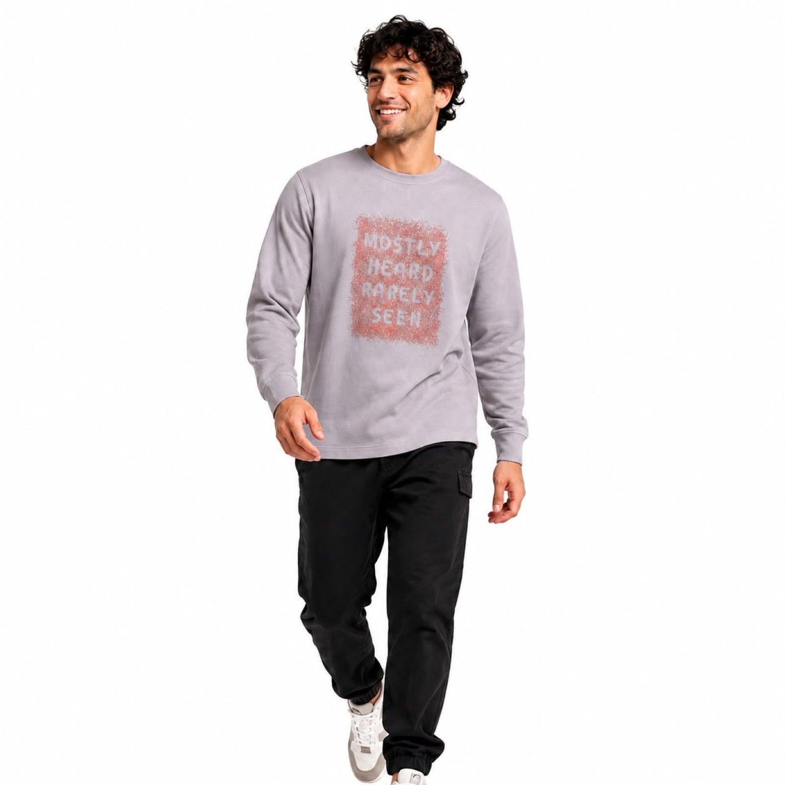 Men's Peach Typography Printed Full Sleeve T-Shirt