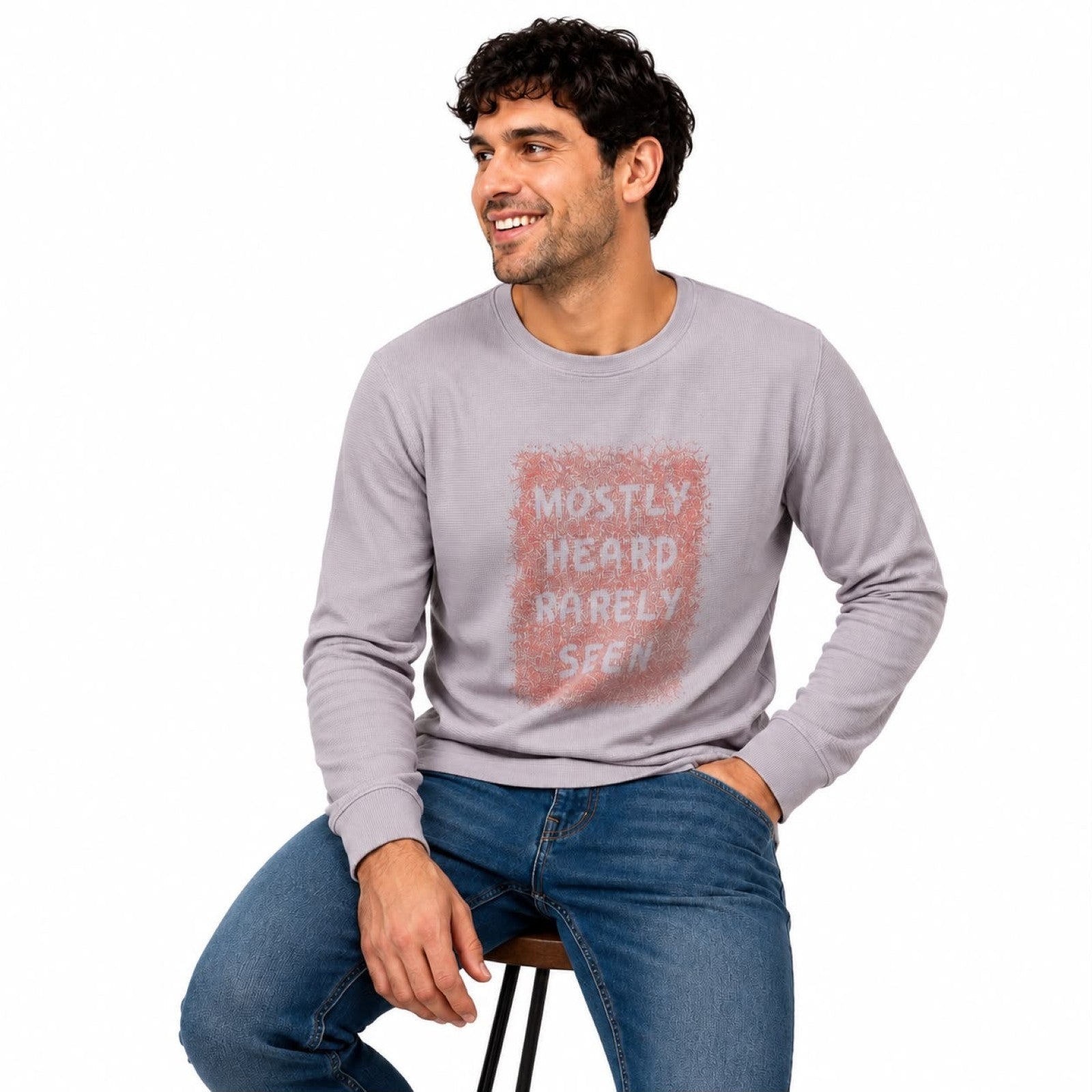 Men's Peach Typography Printed Full Sleeve T-Shirt