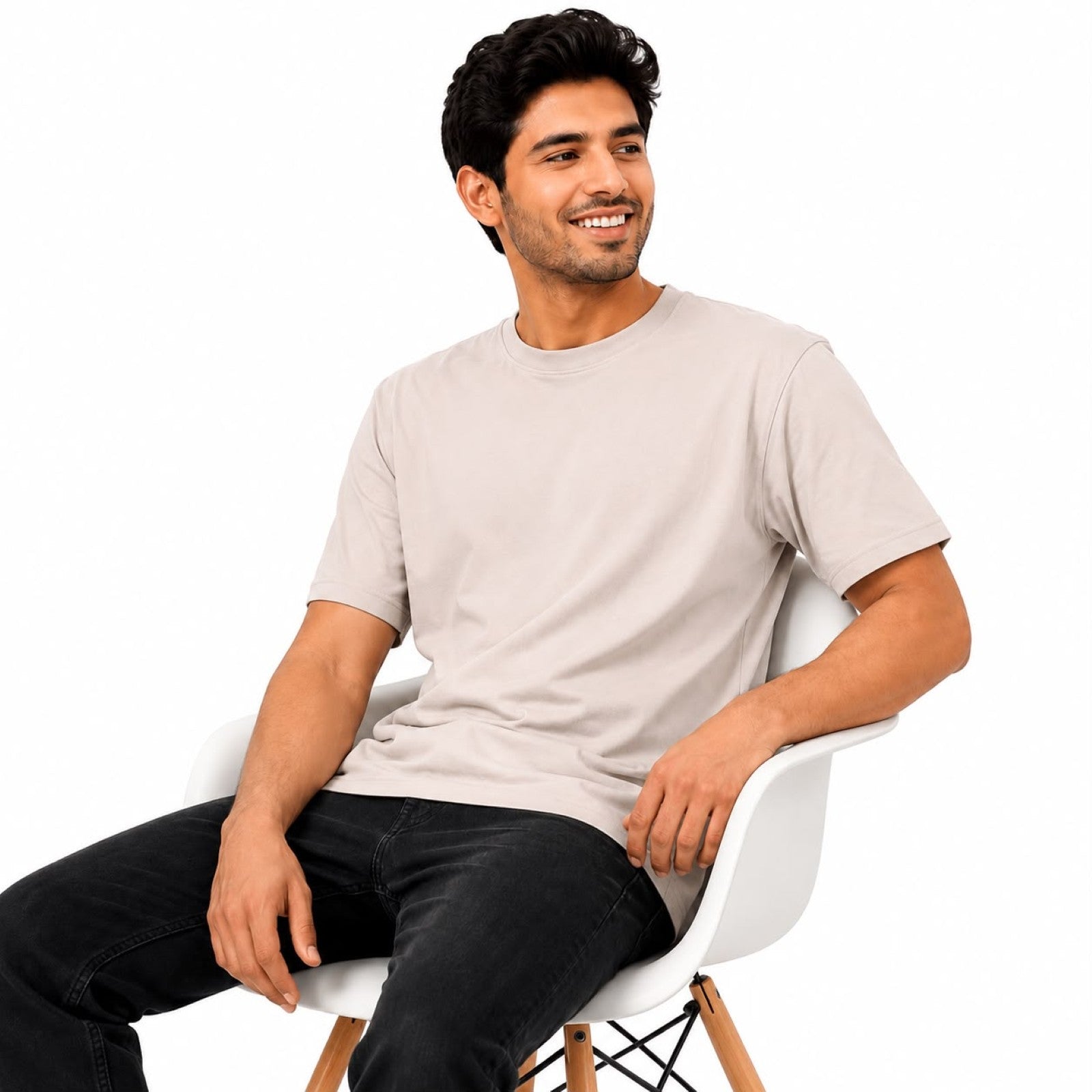 Men's Minimalist Beige Drop-Shoulder Oversized Casual T-Shirt