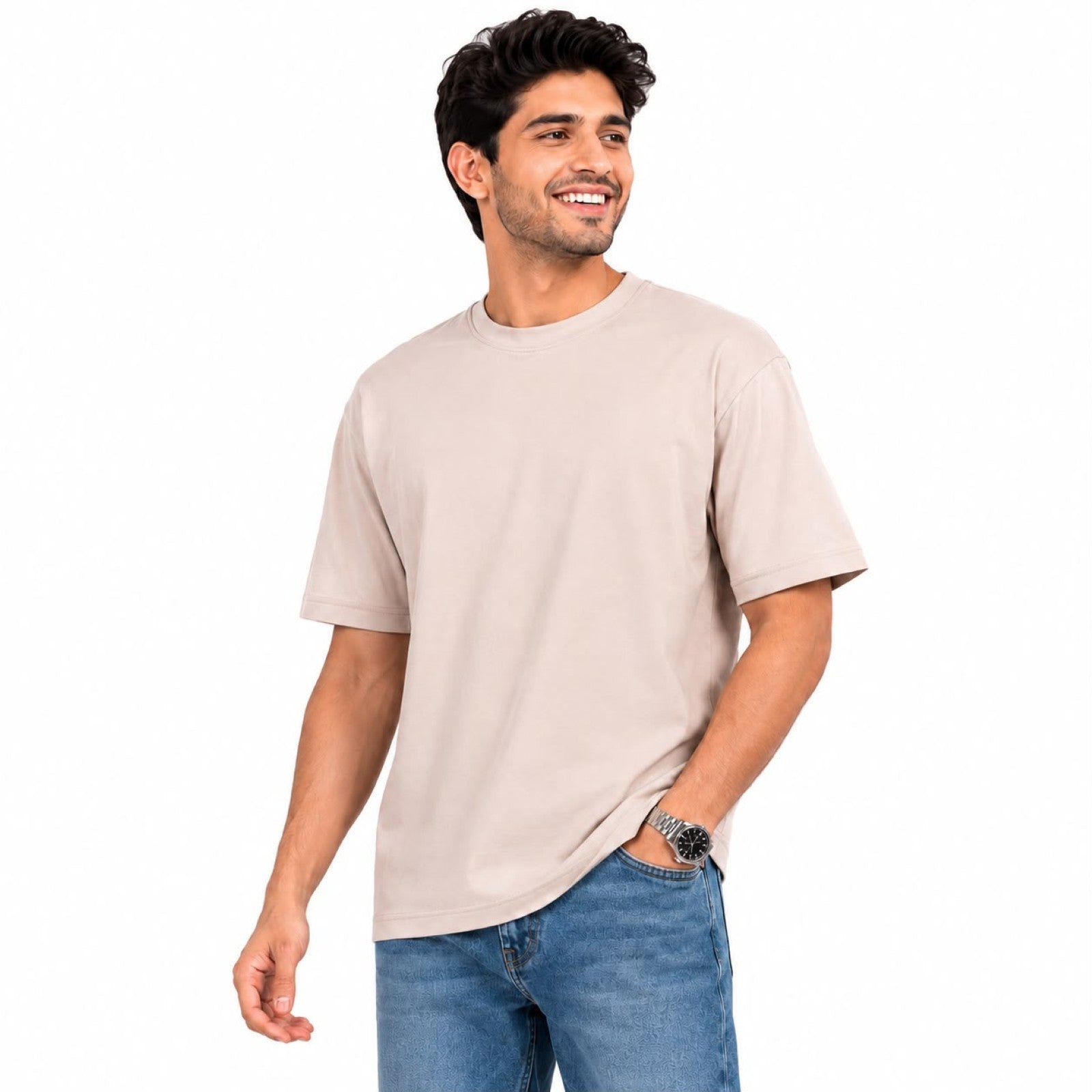 Men's Minimalist Beige Drop-Shoulder Oversized Casual T-Shirt
