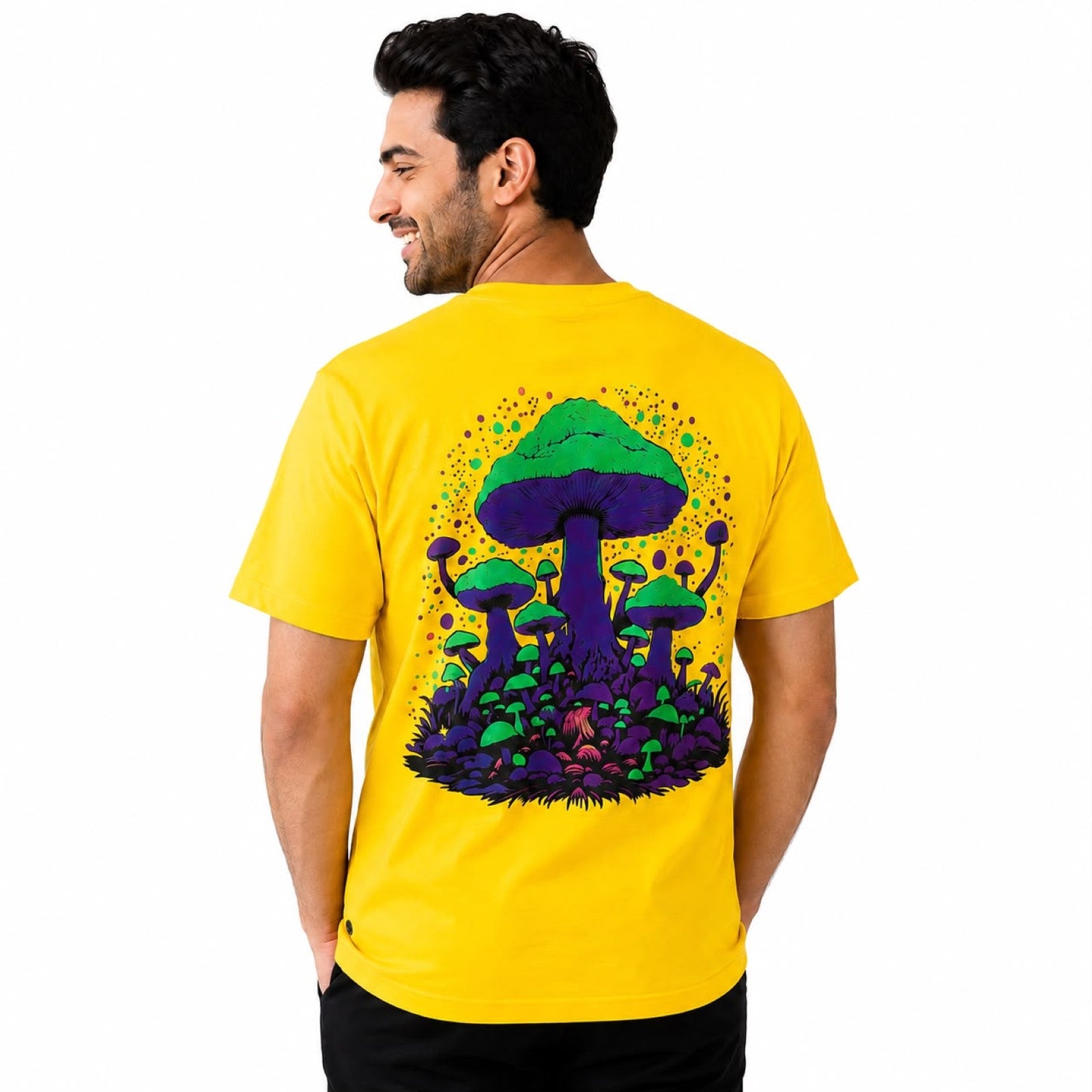 Men's Mushroom Embroidered Yellow Oversized Casual T-Shirt