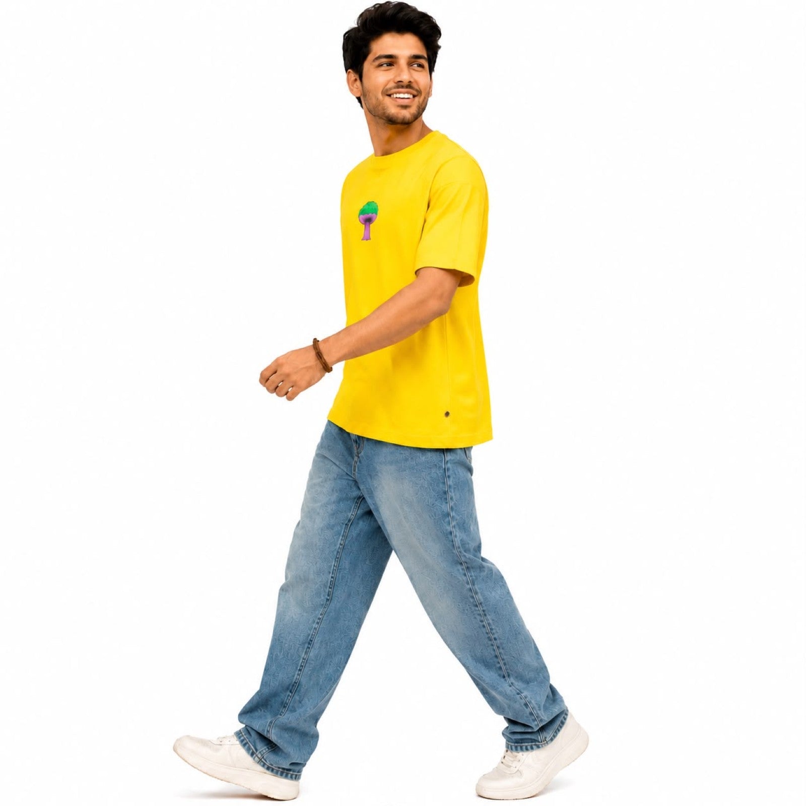 Men's Mushroom Embroidered Yellow Oversized Casual T-Shirt
