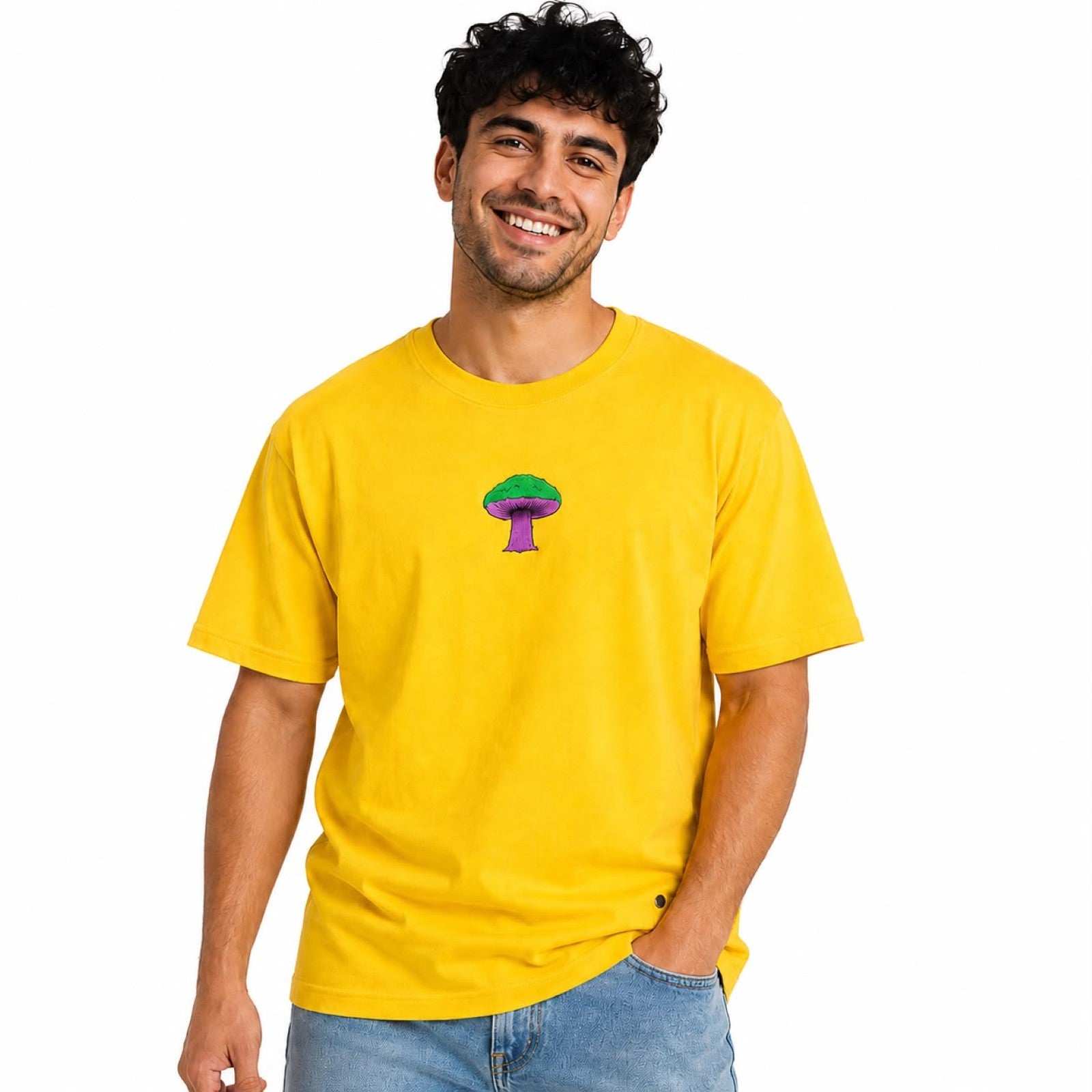 Men's Mushroom Embroidered Yellow Oversized Casual T-Shirt