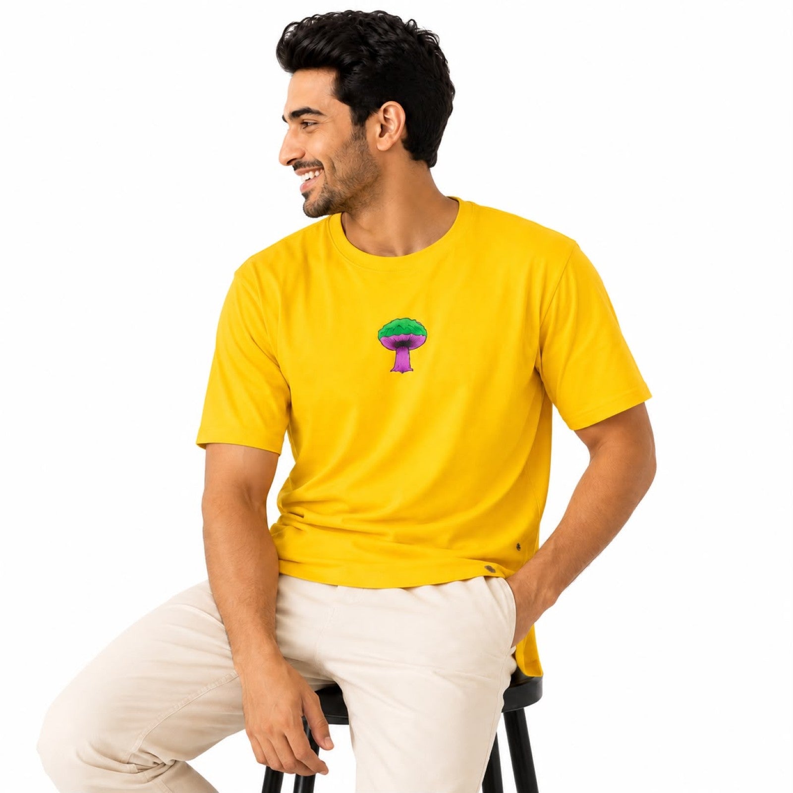 Men's Mushroom Embroidered Yellow Oversized Casual T-Shirt