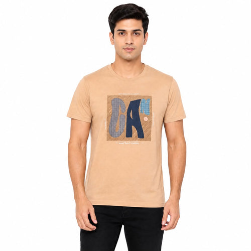 Men's Beige Typographic Graphic Crew Neck T-Shirt | Regular Fit Half Sleeve Casual Tee