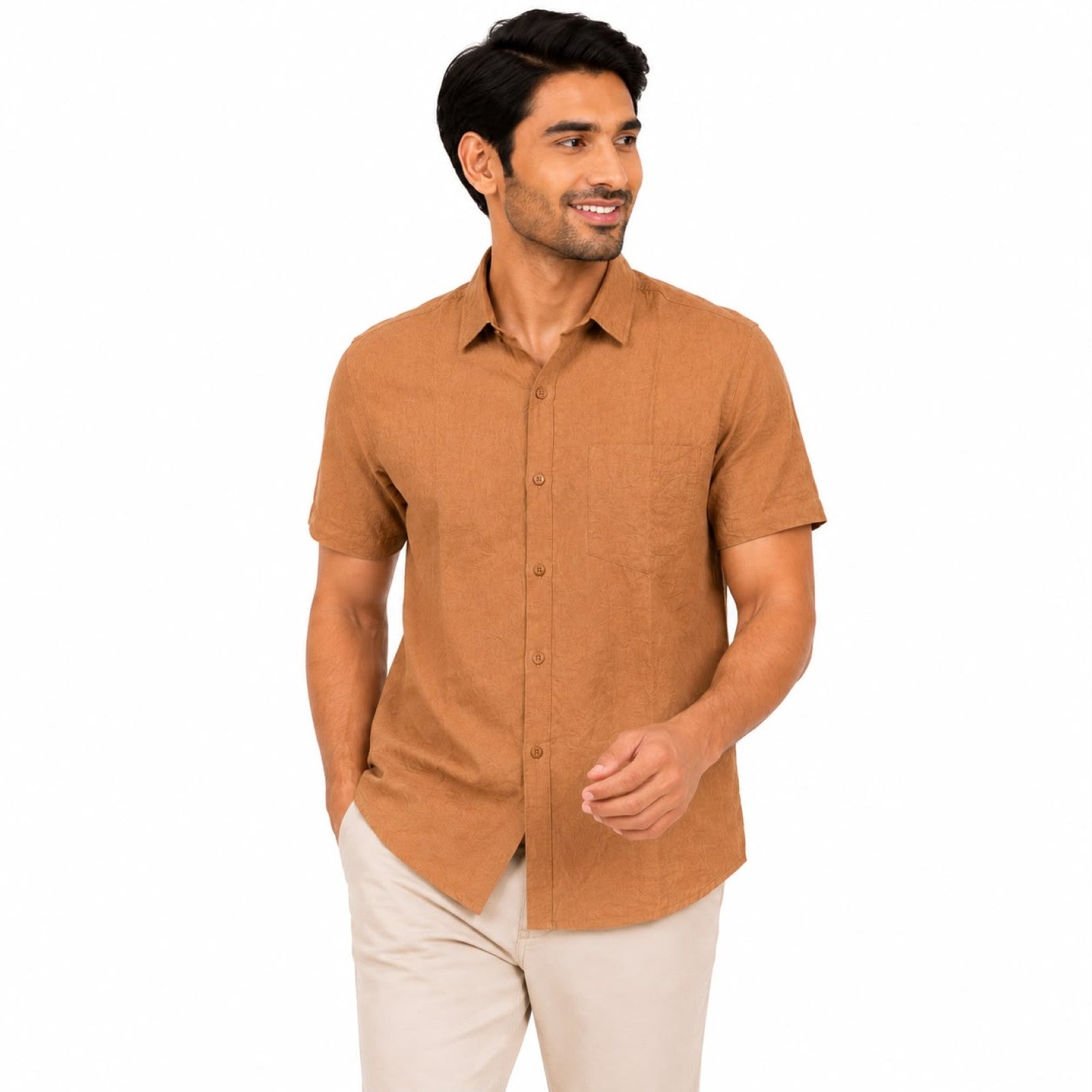 Men's Rustic Brown Textured Half Sleeve Casual Shirt