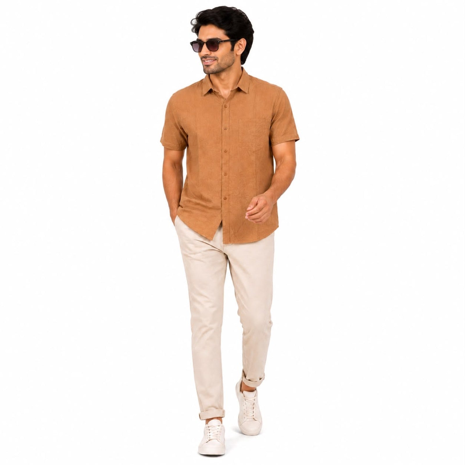 Men's Rustic Brown Textured Half Sleeve Casual Shirt