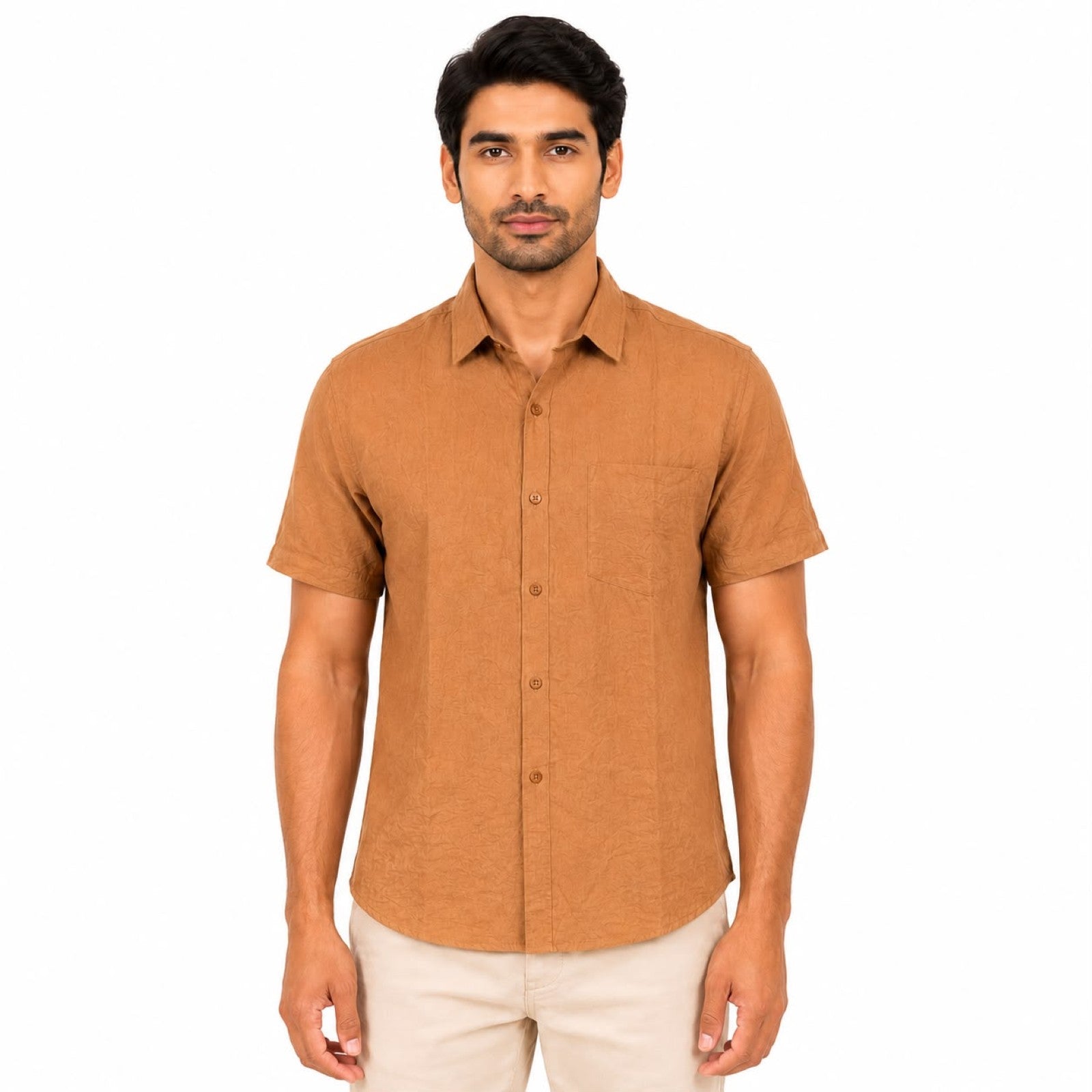 Men's Rustic Brown Textured Half Sleeve Casual Shirt