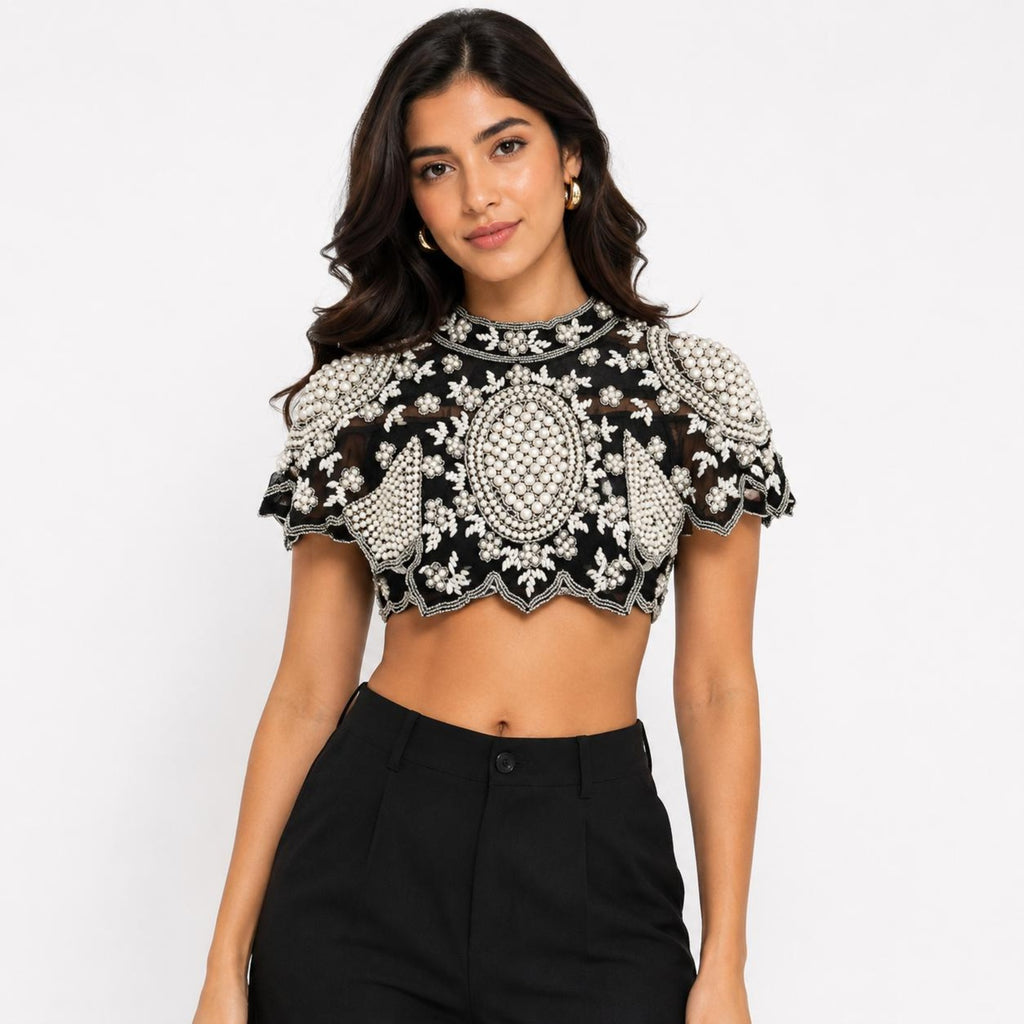 Women's Obsidian Nocturne Hand-Embellished Pearl and Sequin Cape-Style Crop Top-4
