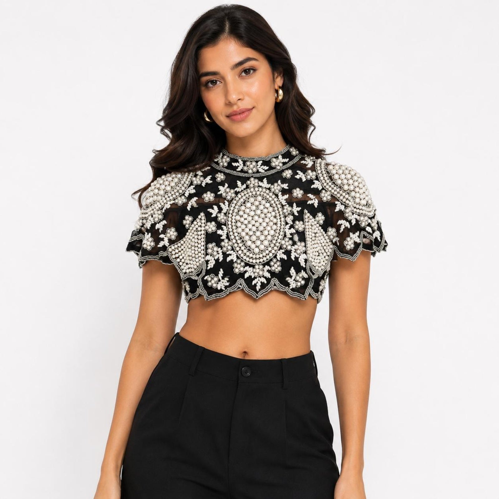 Women's Obsidian Nocturne Hand-Embellished Pearl and Sequin Cape-Style Crop Top-4