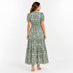 Women's Green Floral Print Notch Neck Puff Sleeve Tiered Maxi Dress | Elegant Flared Day Dress-4