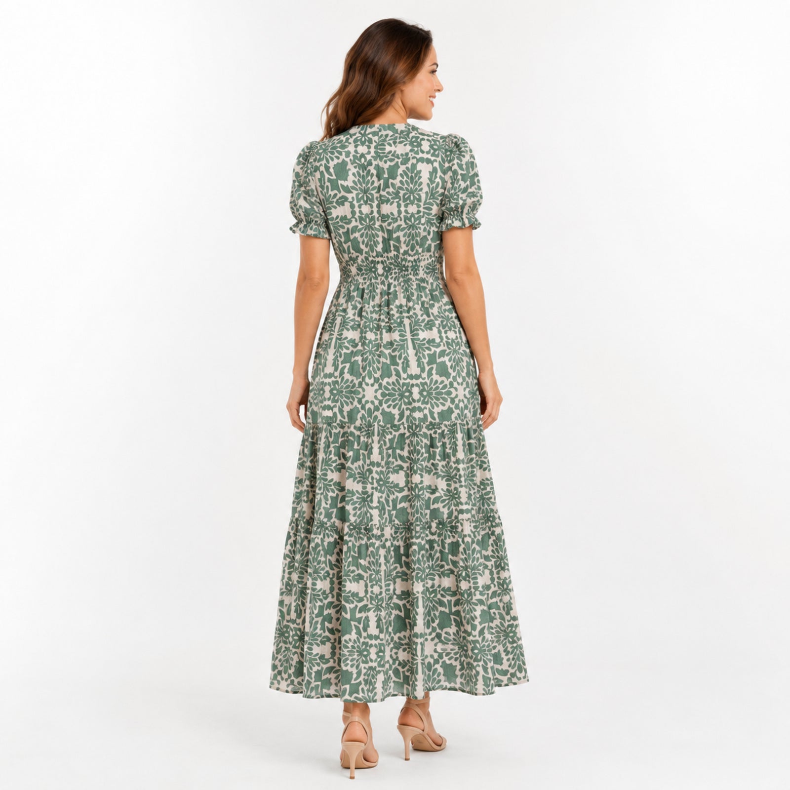 Women's Green Floral Print Notch Neck Puff Sleeve Tiered Maxi Dress | Elegant Flared Day Dress-4