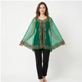 Women's Elegant Hand-Embroidered Green Sheer Cape Overlay Top with Trousers Set-1