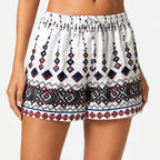 Women's White Geometric Printed Drawstring Casual Shorts | Relaxed Fit Summer Shorts-3