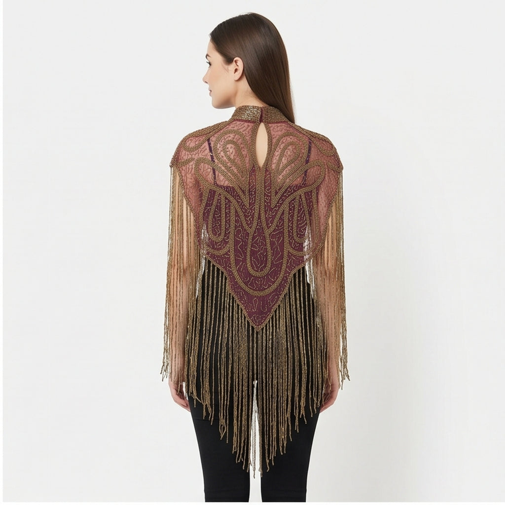 Women's Elegant Hand-Embroidered Mock Neck Maroon Cape with Metallic Fringe Tassel-3