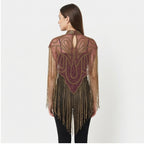 Women's Elegant Hand-Embroidered Mock Neck Maroon Cape with Metallic Fringe Tassel-3