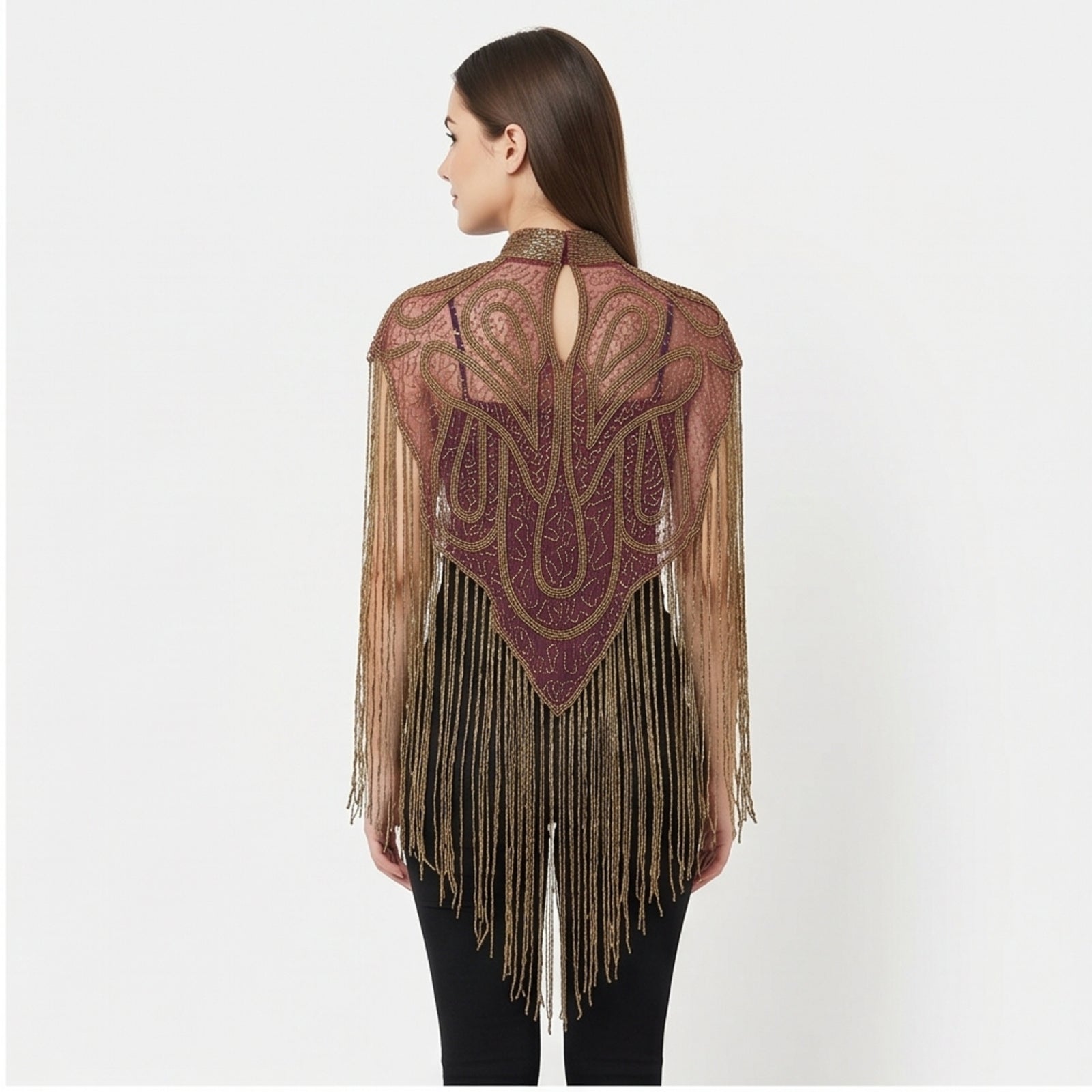 Women's Elegant Hand-Embroidered Mock Neck Maroon Cape with Metallic Fringe Tassel-3