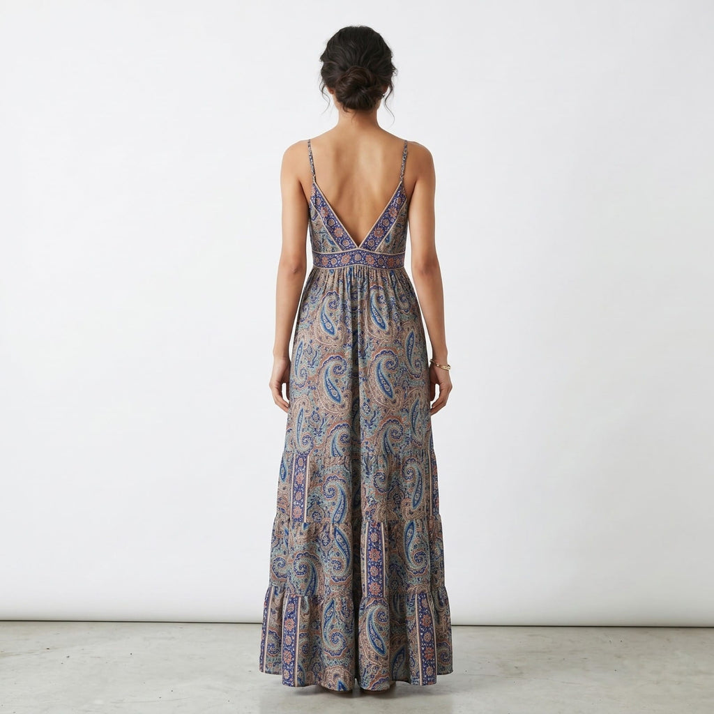 Women's Paisley Print Flared Maxi Dress-4