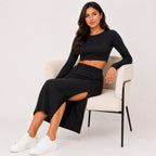 Women's Black Long Sleeve Crop Top and Side Slit Maxi Skirt Co-Ord Set-2