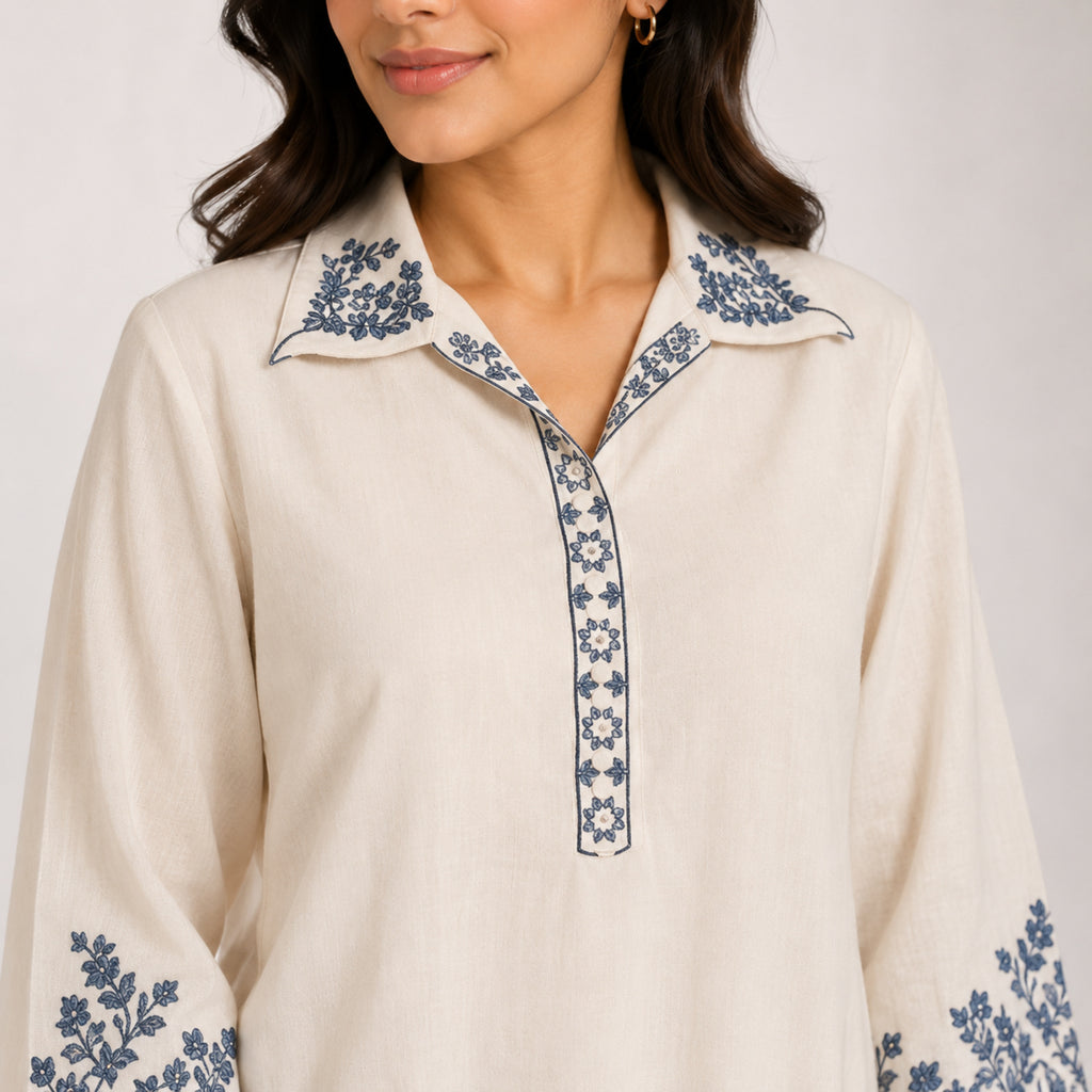 Women's Off-White Floral Embroidered Collared Kurta and Pants Co-ord Set-2