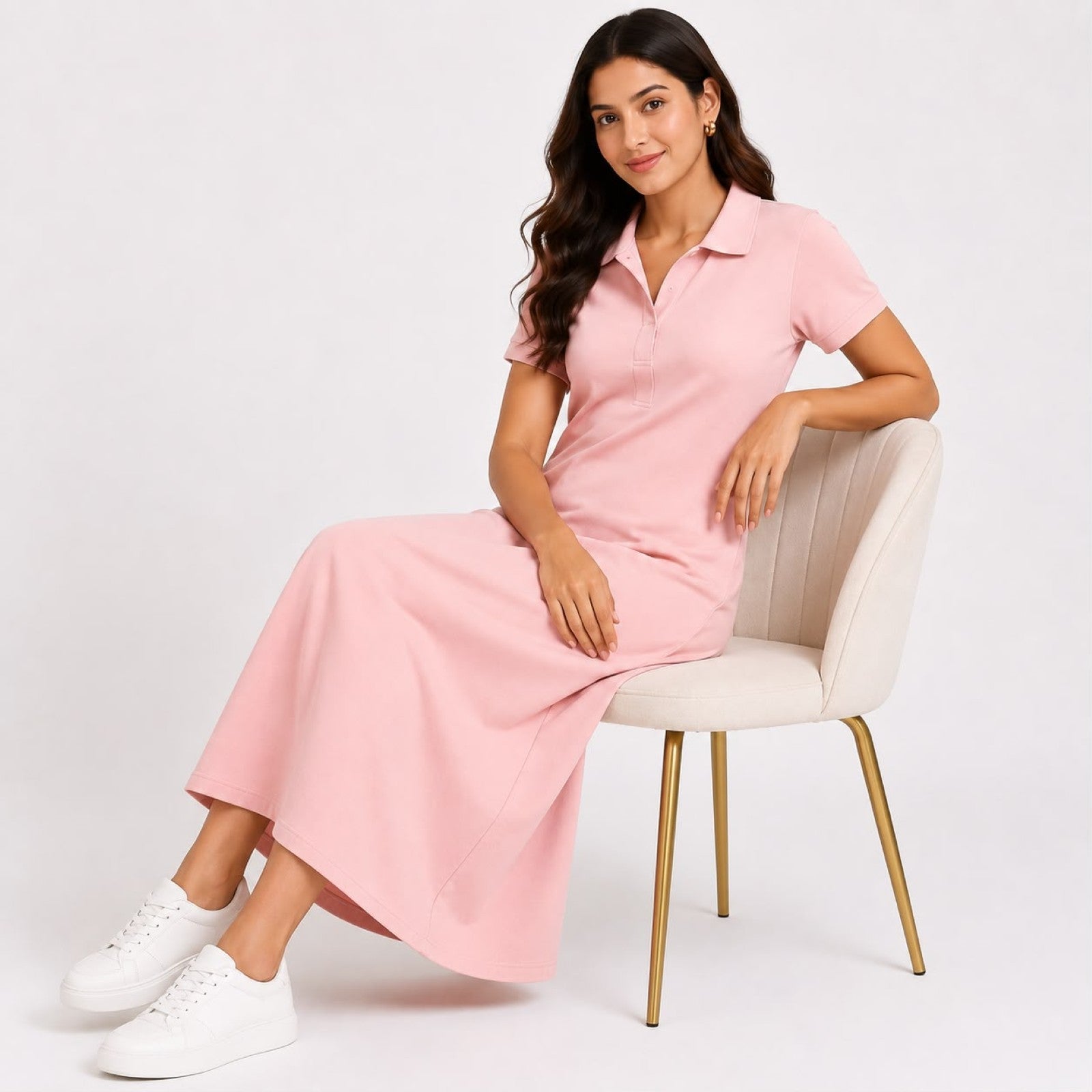 Women's Peach Polo Collar Midi Dress | Elegant Casual A-Line Cotton Blend Dress for Everyday Comfort-3