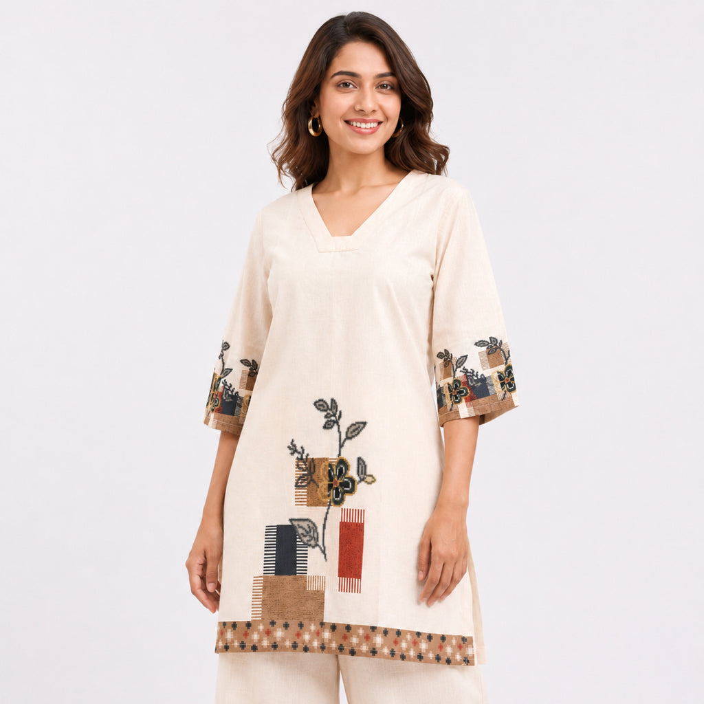 Women's Printed Beige V-Neck Kurta and Wide-Leg Pant Co-Ord Set | Floral Ethnic Two-Piece Set-2