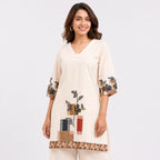 Women's Printed Beige V-Neck Kurta and Wide-Leg Pant Co-Ord Set | Floral Ethnic Two-Piece Set-2