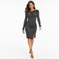 Women's Silver Shimmer Side Button Long Sleeve Bodycon Midi Dress | Glamorous Party Wear Dress-1