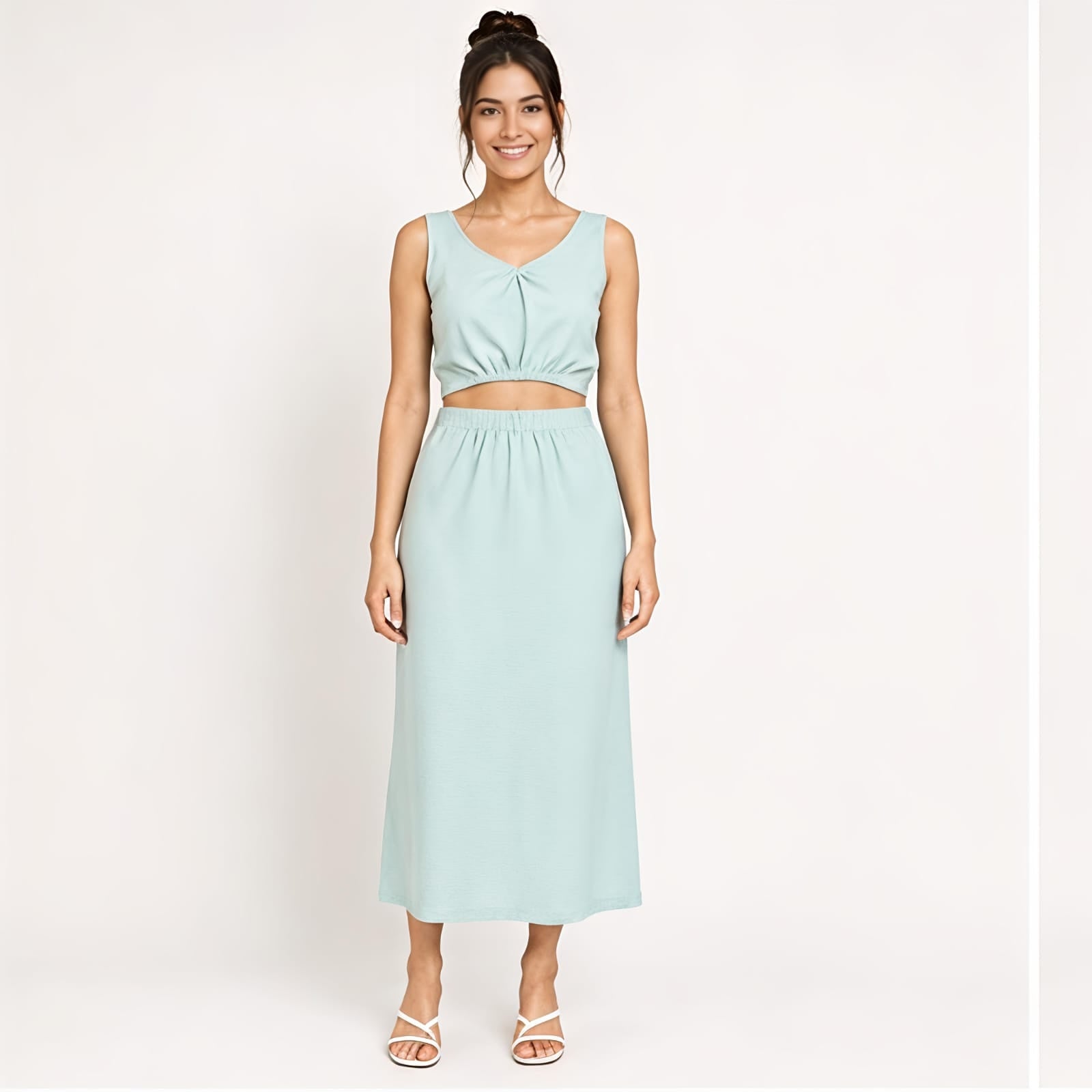 Women's Smoke Solid Sleeveless V-Neck Crop Top and Maxi Skirt Co-Ord Set for Casual Wear-1