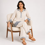 Women's Off-White Floral Embroidered Collared Kurta and Pants Co-ord Set-3