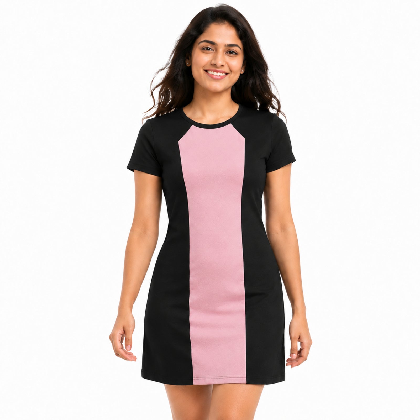 Women's Black & Pink Color Block Round Neck Bodycon Mini Dress with Short Sleeves-3