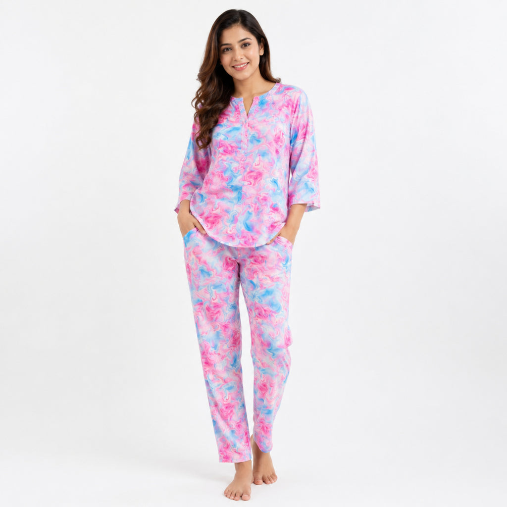 Women's Pink Abstract Printed Night Suit Co-Ord Set-1