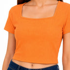 Women's Elite Sunset Orange Ribbed Crop Top with Architectural Square Neckline-2