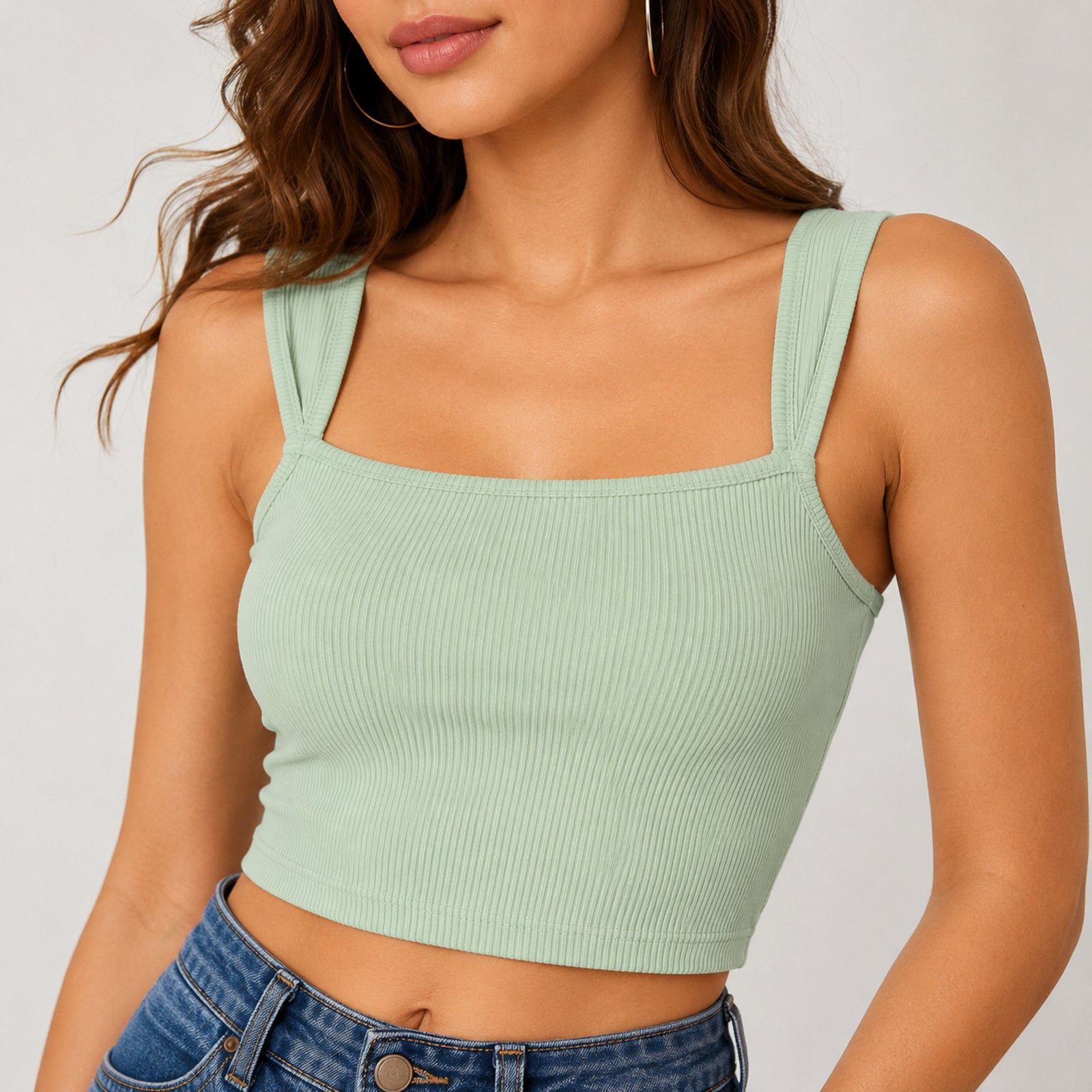Women's Sage Aura Green Ribbed Square Neck Crop Tank Top-1