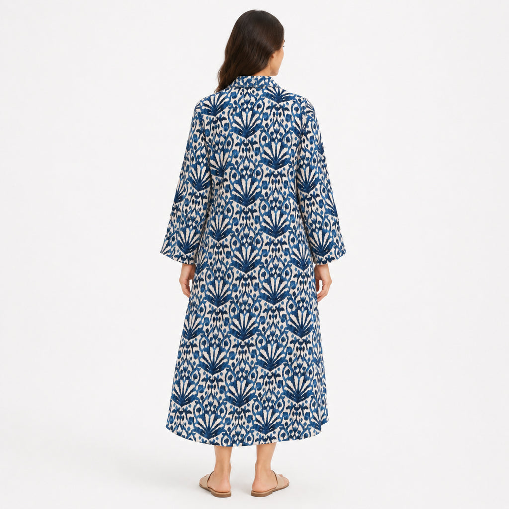 Women's Blue Ikat Print Button-Down Midi Dress with Flared Sleeves-4