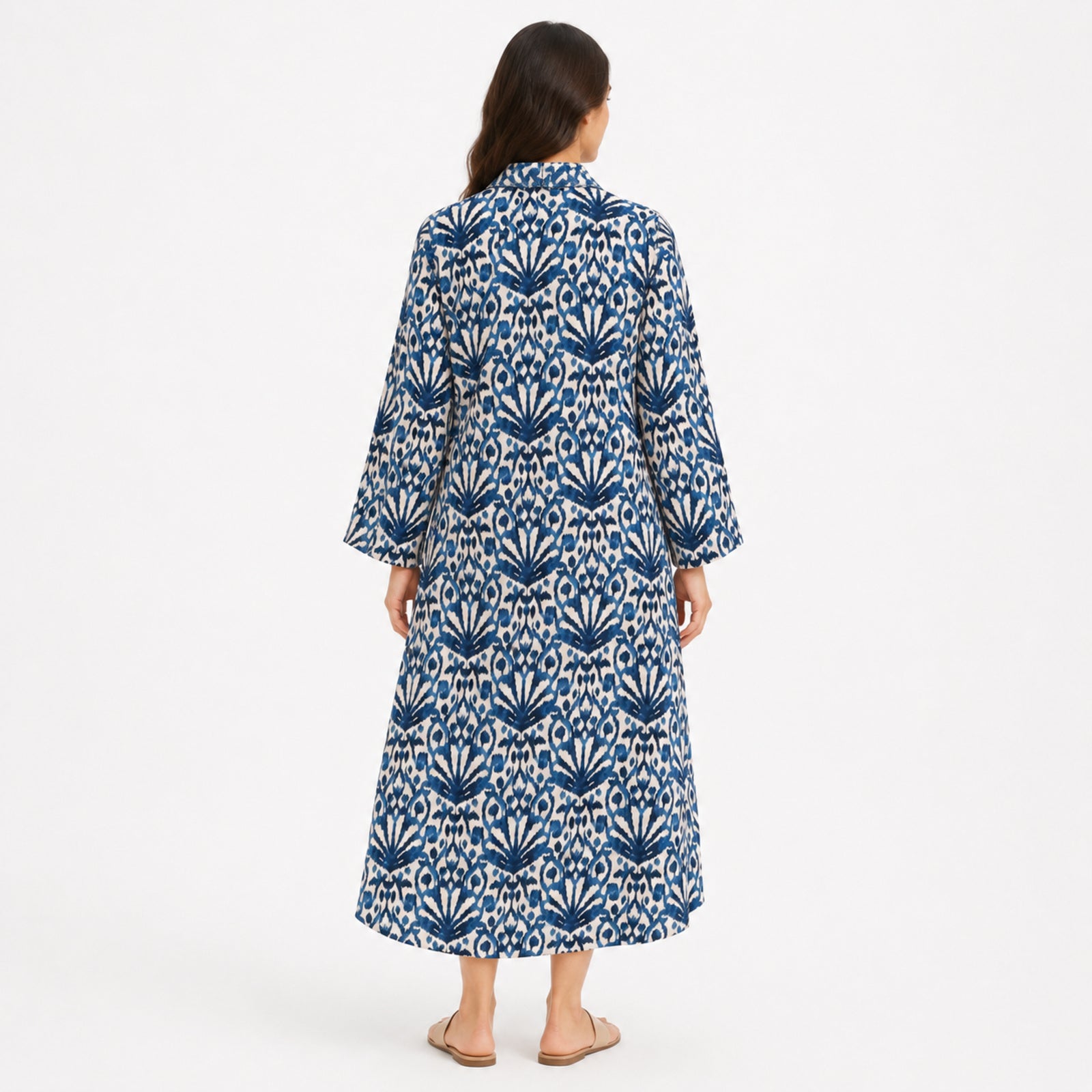 Women's Blue Ikat Print Button-Down Midi Dress with Flared Sleeves-4
