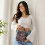Women's Luxury Kalamkari Paisley Navy Blue Handbag with Structured Top Handle-4