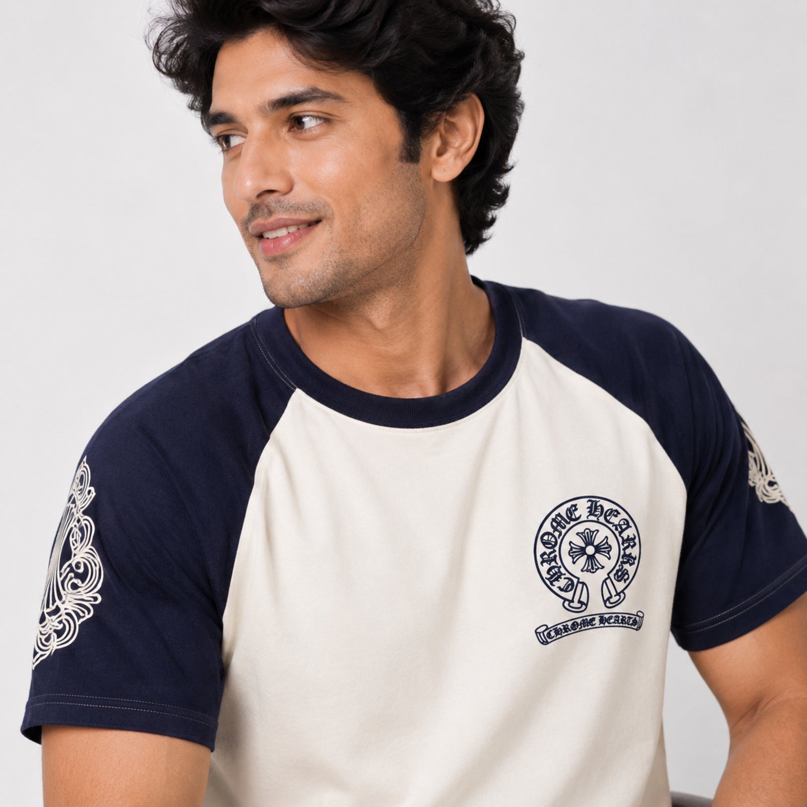 Men's Navy Blue Contrast Sleeve Graphic T-Shirt-2