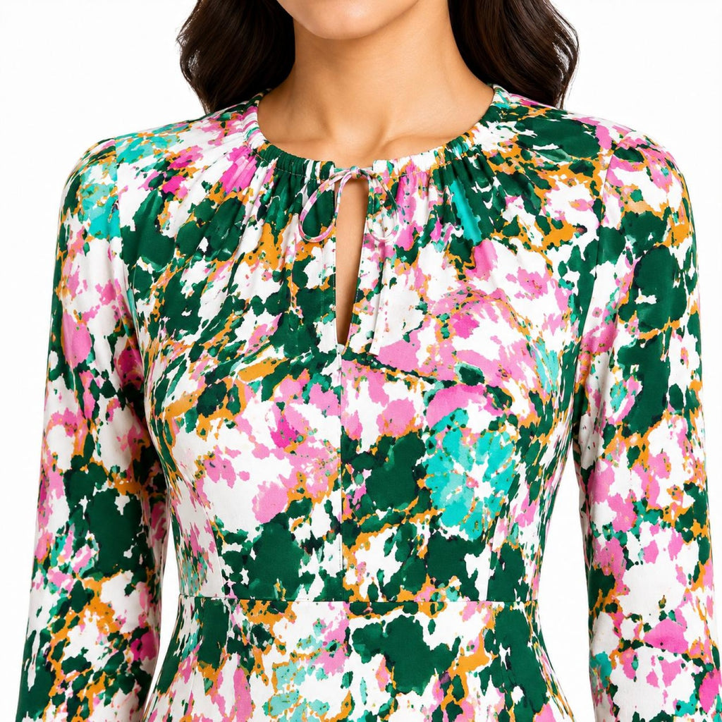 Women's Floral Print Keyhole Neck Bell Sleeve Mini Dress-3
