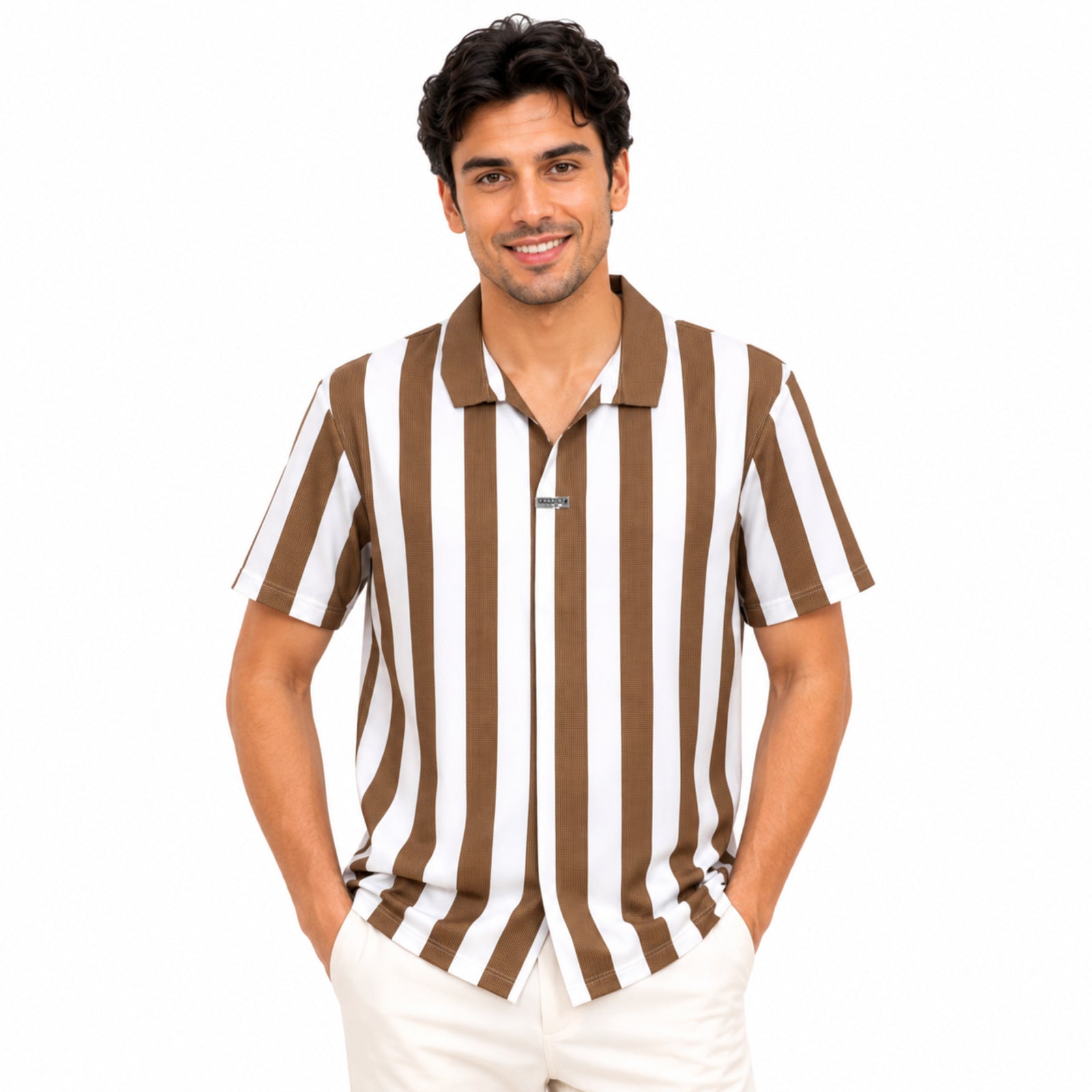 Men's Beige & White Vertical Stripe Polo T-Shirt-4