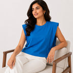 Women's Teal Sleeveless Padded Shoulder Top | Solid Relaxed Fit Casual Muscle Tee-3