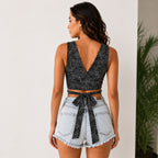 Women's Black Polka Dot Wrap Crop Top-4
