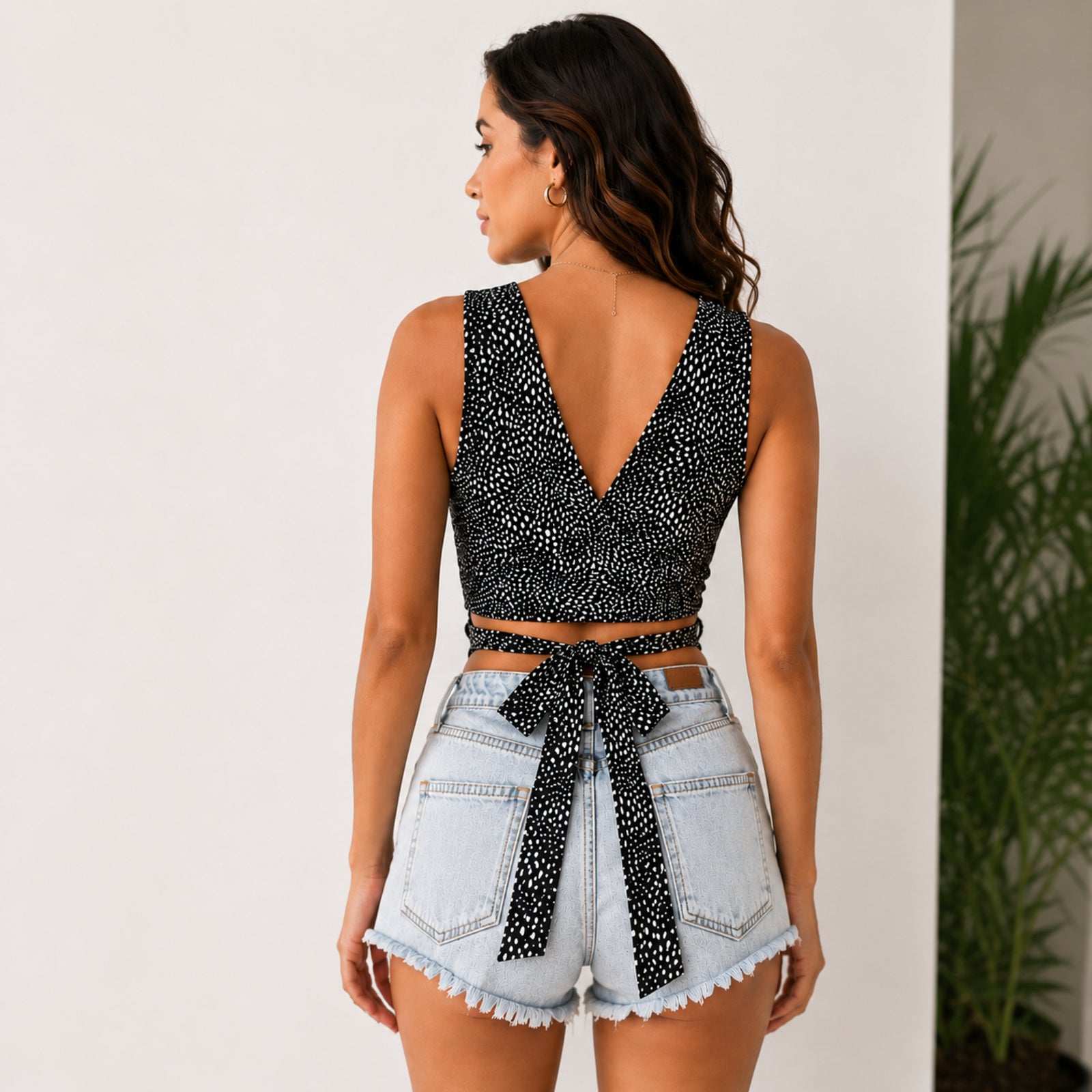 Women's Black Polka Dot Wrap Crop Top-4