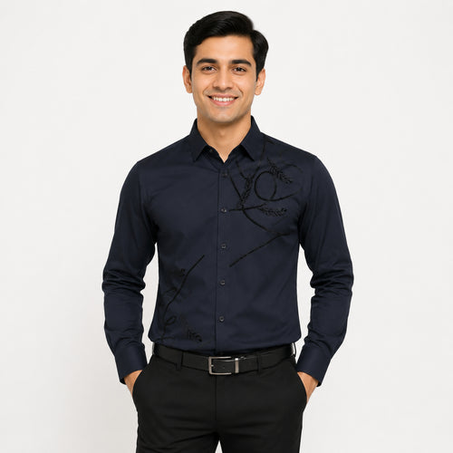 Men's Black Premium Abstract Printed Slim Fit Formal Shirt-4